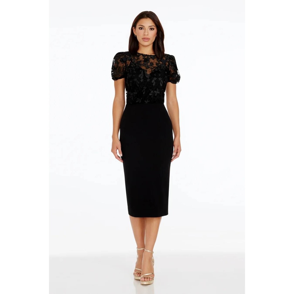 Dress the Population Marianne Dress Medium Black 3D Floral Lace Midi Feminine